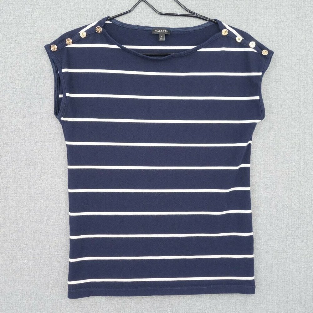 Talbots Shirt Womens Small Blue Striped Button Shoulder Short Sleeve Stretch